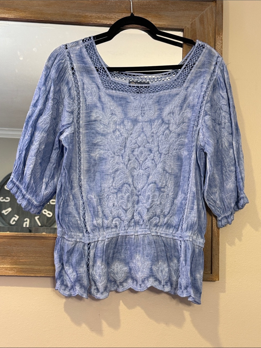 Democracy Light Blue Crochet-Trim Peasant Tunic